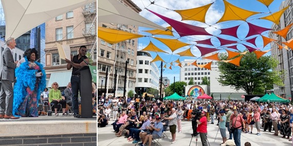 Collage of Darcelle XV Plaza ribbon-cutting photos, showing a big crowd and Poison Waters receiving a plaque.