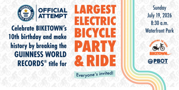 Graphic reads: Largest electric bicycle party and ride, Guiness World Record attempt July 19