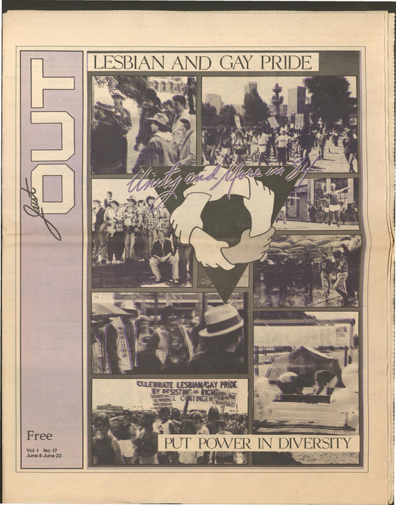 Front page of Just Out newspaper from 1984