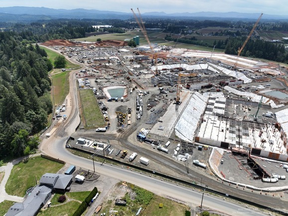 Aerial view of water filtration facility construction site.