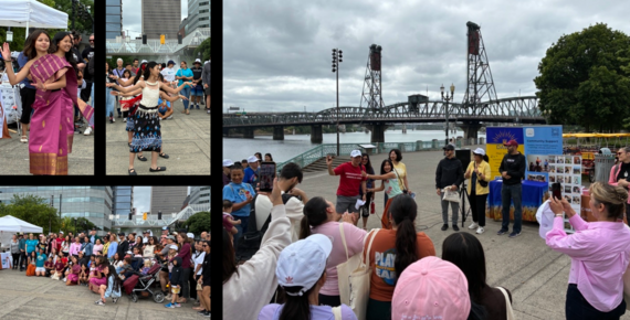 Collage of photos of World Refugee Day Walk event at Salmon Springs; groups of people watching performances and speakers