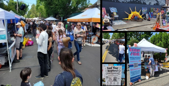 Photos of street fair: people looking at stands under pop-up tents on both sides of street, performer, Kernside info booth
