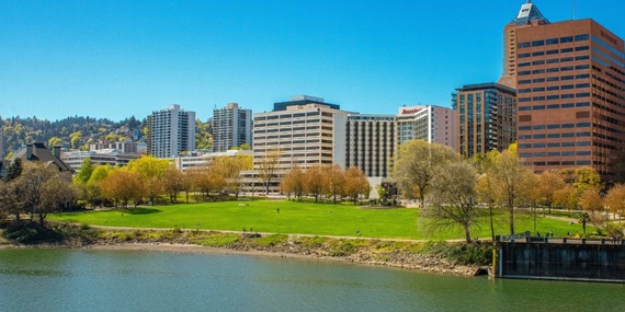 Waterfront Park shows a green grassy area by the Willamette River with downtown in the background