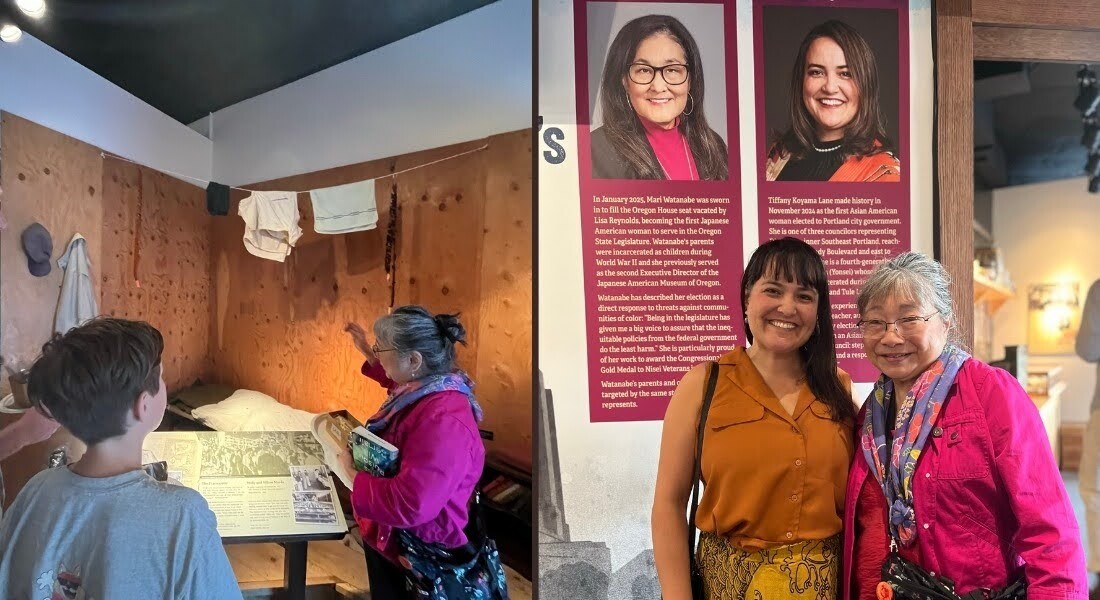 Tour image of replica of incarceration camp room. On the right: TKL and Marleen Wallingford in front of TKL and Watanabe exhibit.
