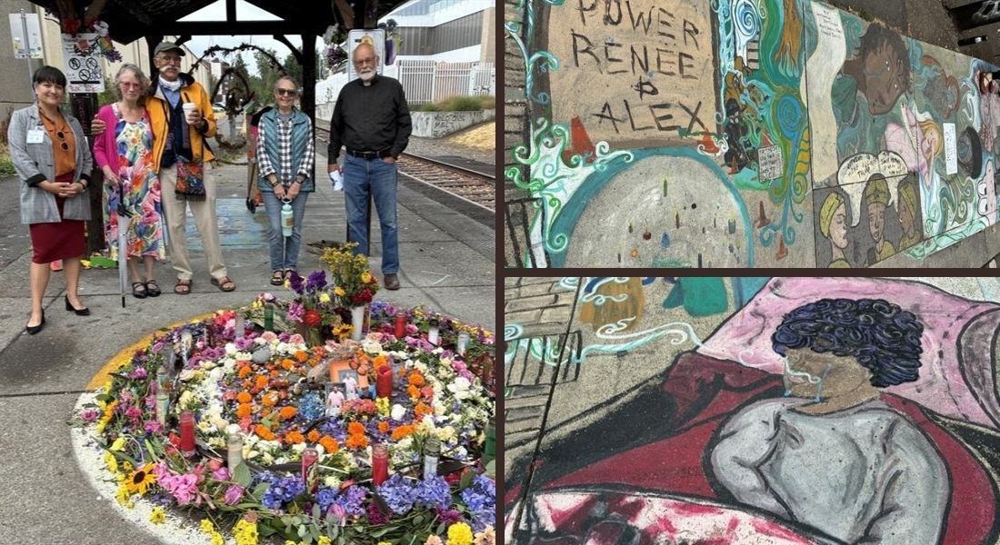 Three-photo montage of TKL at memorials at the ICE detention center: a floral installation and sidewalk paintings