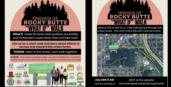Two flyers with information about Friends of Rocky Butte "What If" walk event; silhouette of trees, map of planned walking route