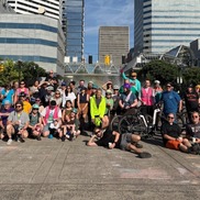 City Bike Bus group of bicyclists finish the ride downtown
