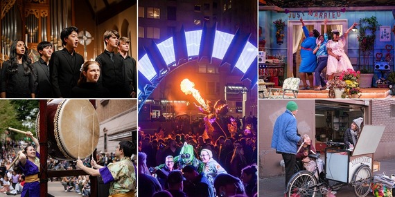 Collage of local arts performances and performers, taiko drumming, a choir, winter lights, a play, for arts and culture grant