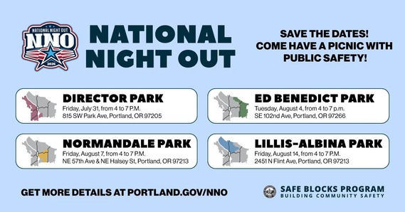 National Night Out graphic shows the locations and dates for four district events in 2026