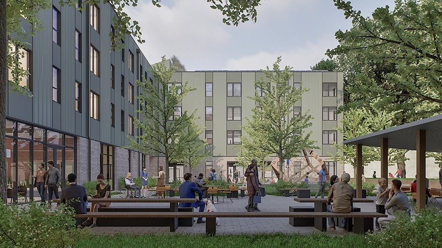 Legin Commons artist rendering shows a courtyard filled with people and a multi-story apartment building 