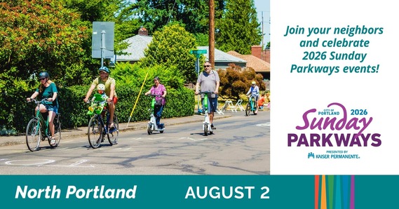North Portland Sunday Parkways graphic shows families riding bicycles on the street.