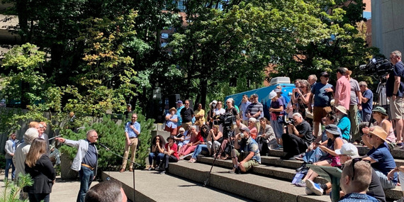 Commissioner (now Councilor) Dan Ryan addressing Portlanders at the Keller Fountain in front of the Keller Auditorium in 2024.