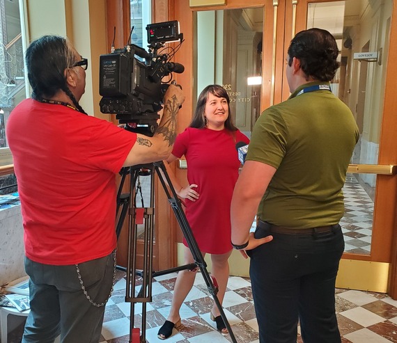 Councilor Koyama Lane being interviewed by KOIN reporter Joey Vacca at City Hall