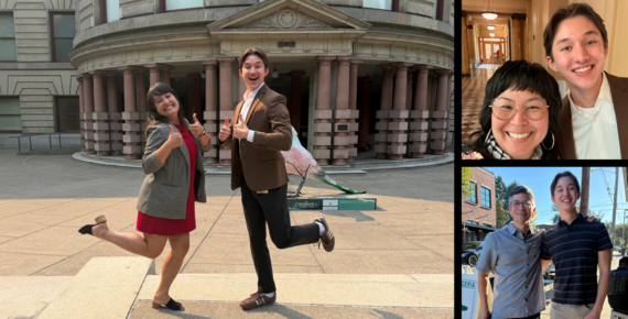 Three pictures, showing Sabatino with Councilor Koyama Lane in front of City Hall, and with Team TKL staffers Joon Ae and Alan