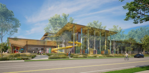 ARTS - Artist's rendering of a building with art, trees, people, and vehicles.