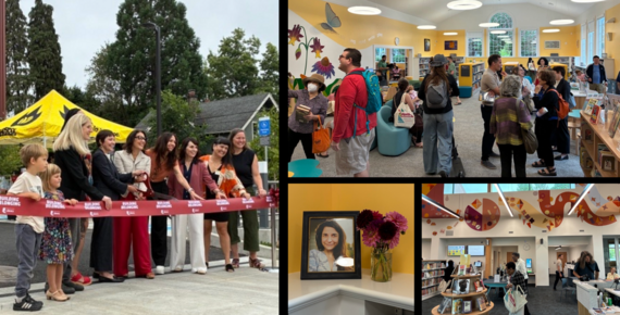 Collage of pictures showing group of officials cutting ribbon, inside scenes of people visiting library, and a photo of Jeanie Diaz with flowers