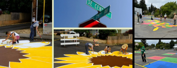 people painting sunflower mural at SE Center and 75th, and painting US map and four-square court at Creston School