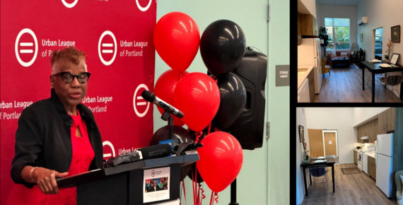 Series of images of Margaret Carter Commons Housing Grand Opening, including speaker at podium and images of the facility