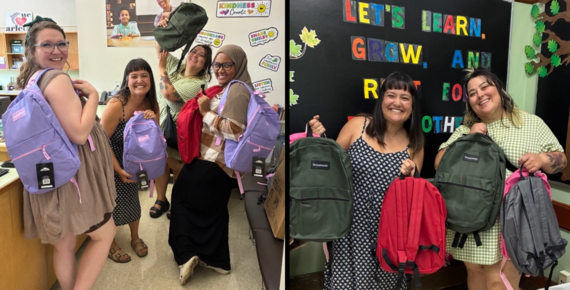 Two pictures showing smiling people with backpacks