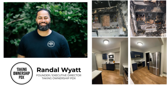 Image of Randal Wyatt, founder and Executive Director of Taking Ownership, with logo and before-and-after photos of kitchen fire restoration