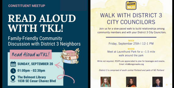 Flyers for "Read Aloud with TKL!" family-friendly community discussion event, and for Walk with District 3 City Councilors event