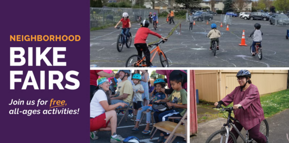 Graphic shows children practicing riding bicycles and the words "Neighborhood Bike Fairs"