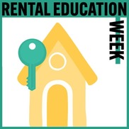 Rental Education Week words and graphic shows a drawing of a yellow house and a green housekey