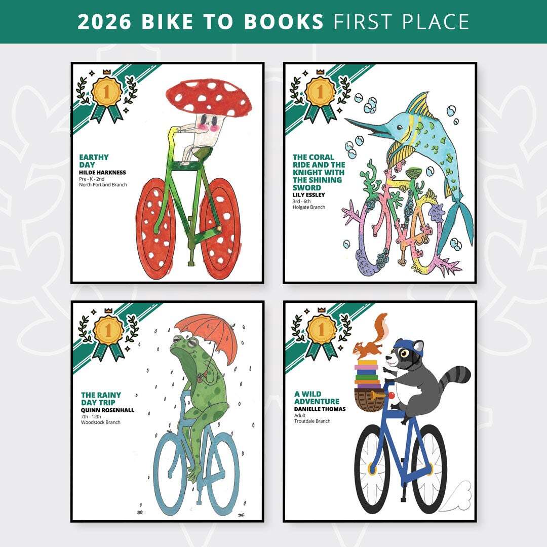 Whimsical art involving mushrooms and animals on bikes are the winners of Bike to Books.