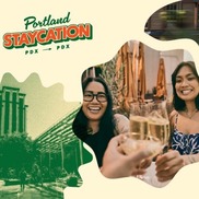 Portland Staycation graphic shows two people enjoying outdoor dining in summer