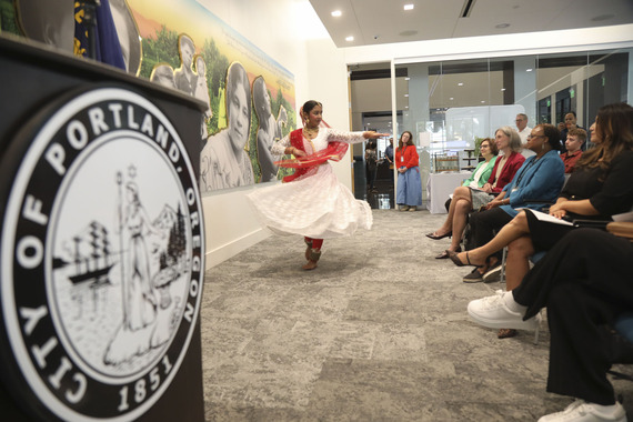 Traditional Indian dancer performs to a room of attentive audience during Welcoming Week 2026