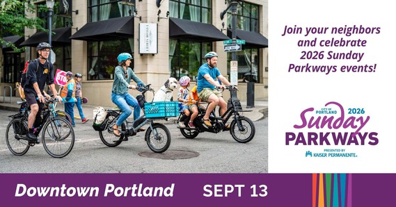 Sunday Parkways graphic shows people biking through downtown