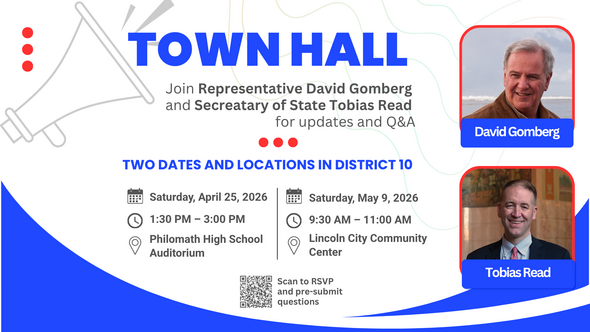 Flyer announcing Secretary Read and Representative Gomberg's District 10 town halls. 