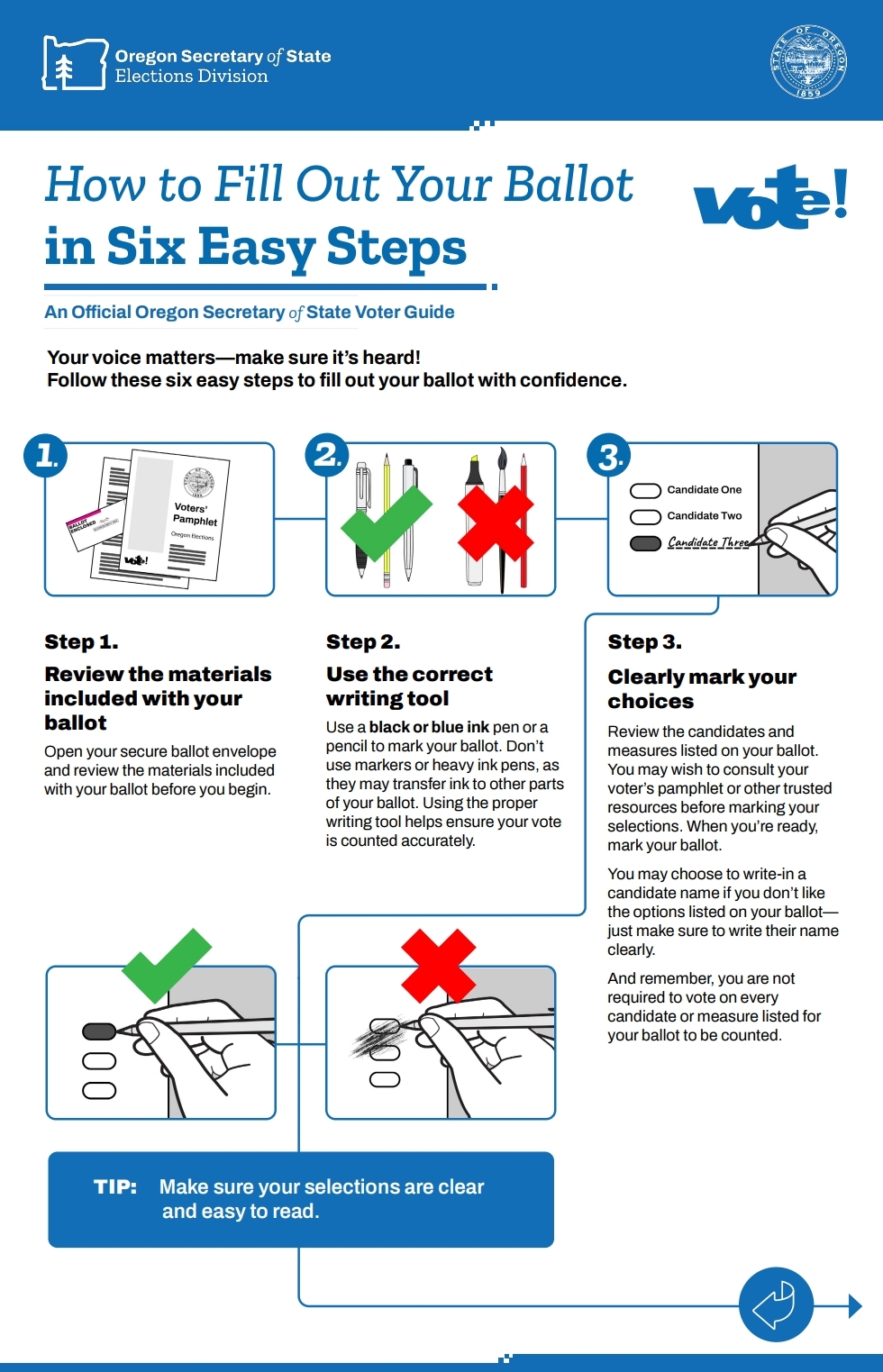 How to Fill Out Your Ballot in Six Easy Steps. An Official Oregon Secretary of State Voter Guide. Page 1. 