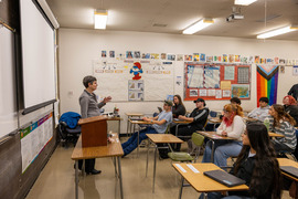 treasurer steiner in front of classroom