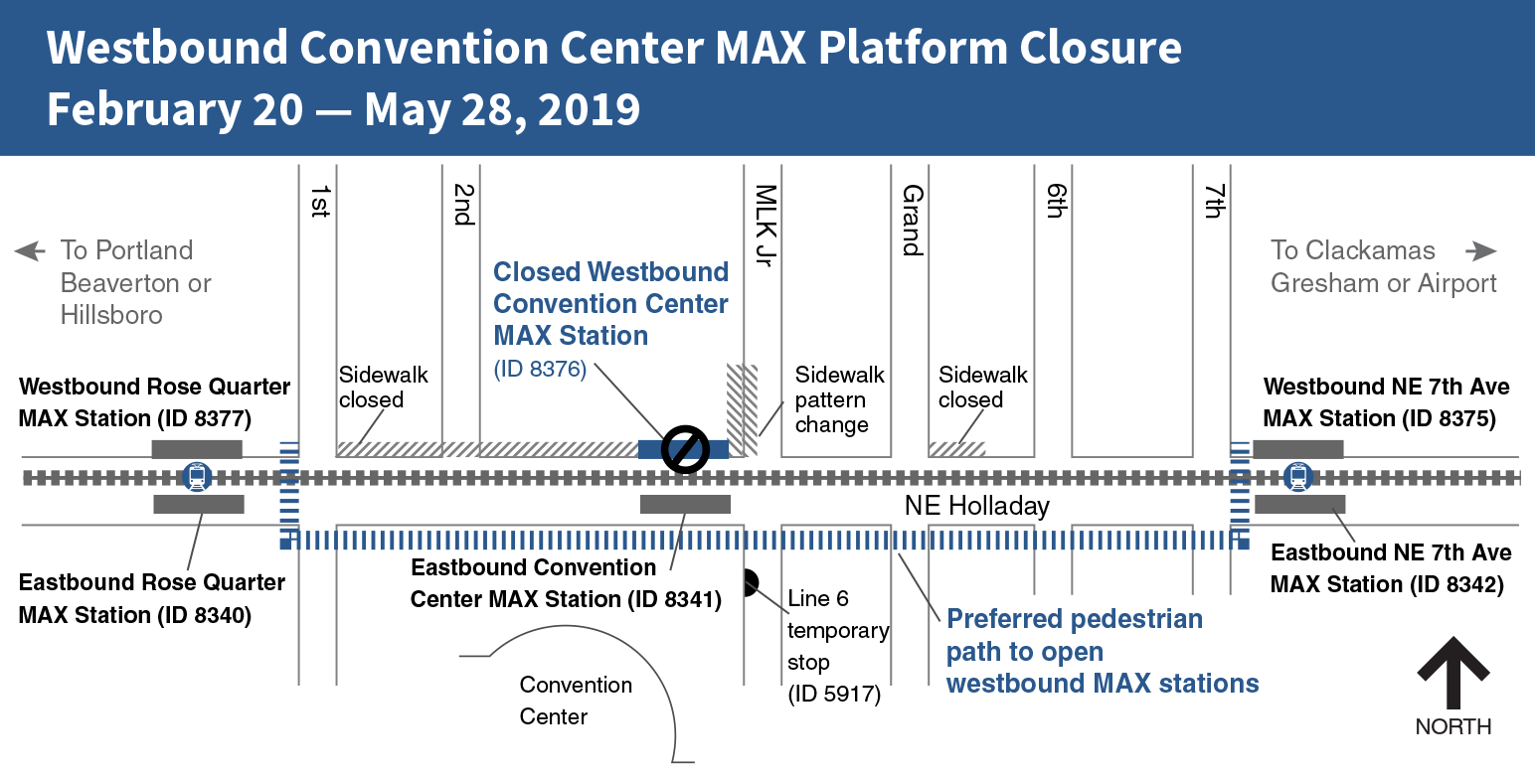 Map of upcoming Convention Center MAX Station westbound platform closure