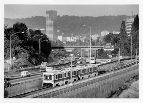 Portland skyline with MAX in the late 1980s or early 1990s