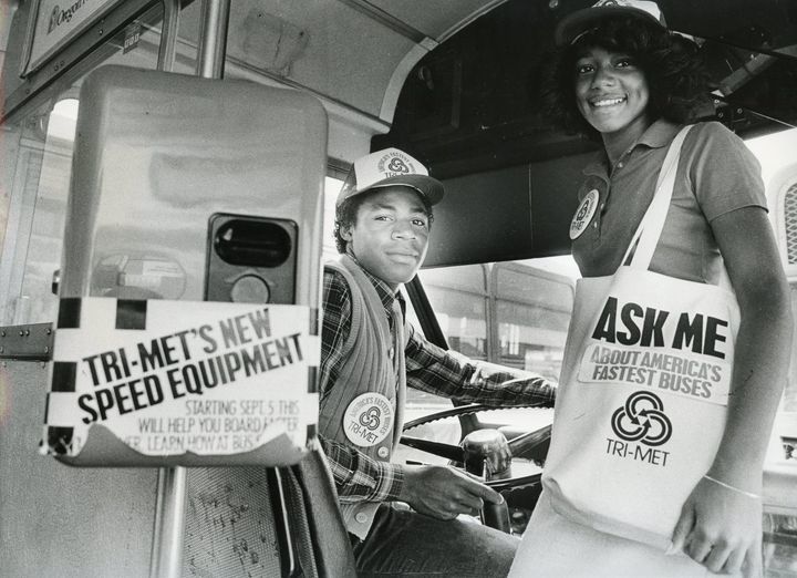Vintage TriMet photo featuring "America's Fastest Buses" slogan
