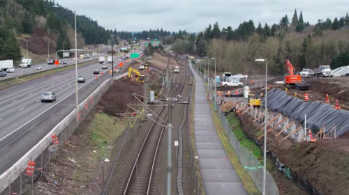 A drone view looking north from Gateway TC of Better Red construction process 