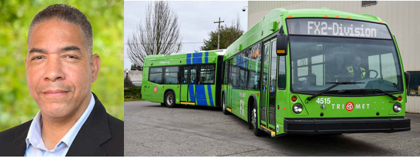 Image of John Gardner, TriMet's IDEA Chief and a green FX bus