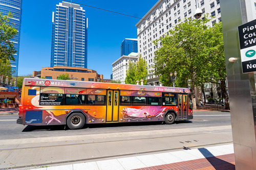 TriMet's Asian American and Pacific Islander Heritage Month bus with art by Ilish Bath