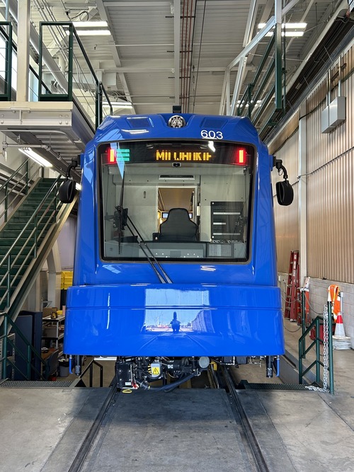 Front of MAX Type 6 train at a garage
