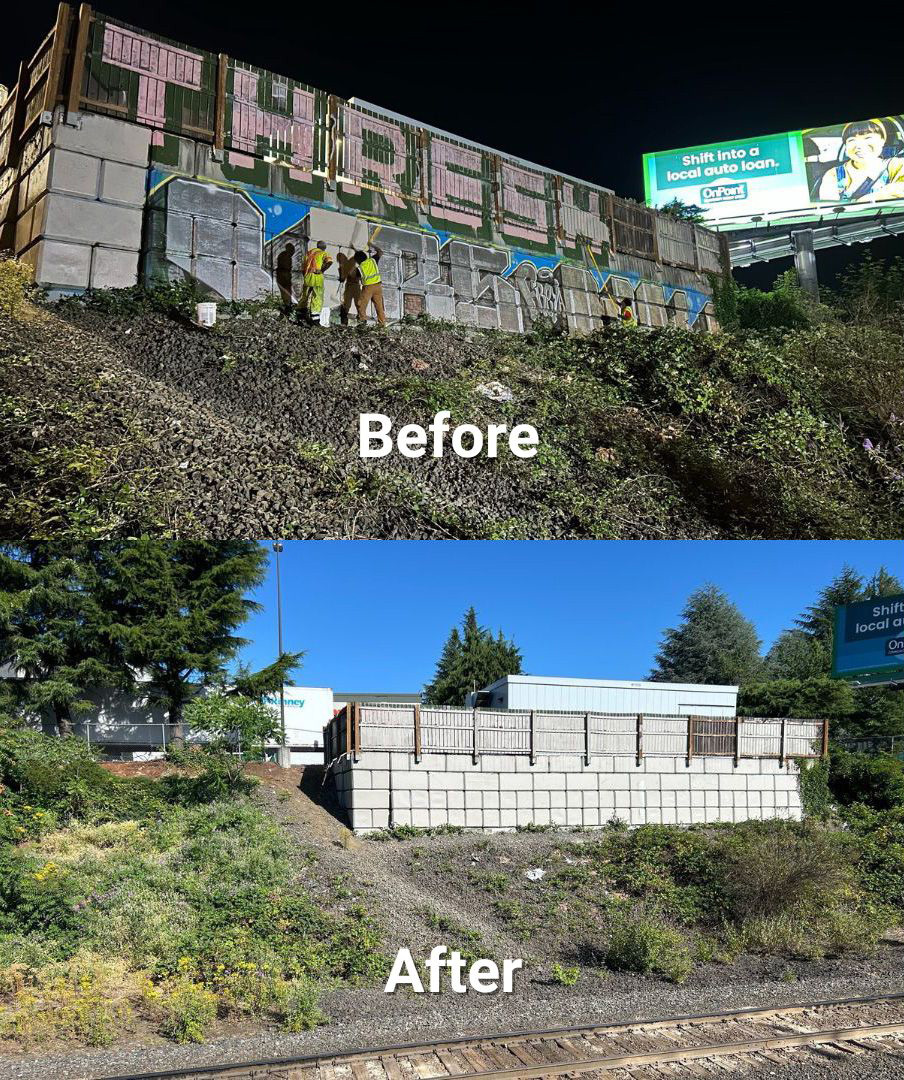 A wall tagged with graffiti, and that same wall after it's been painted to remove the graffiti