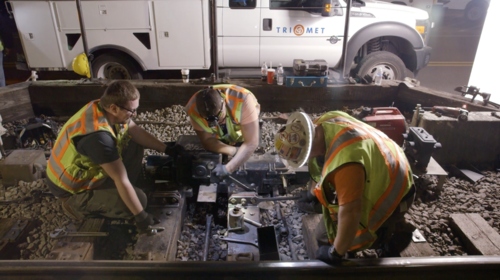 Maintenance of way team working on the tracks