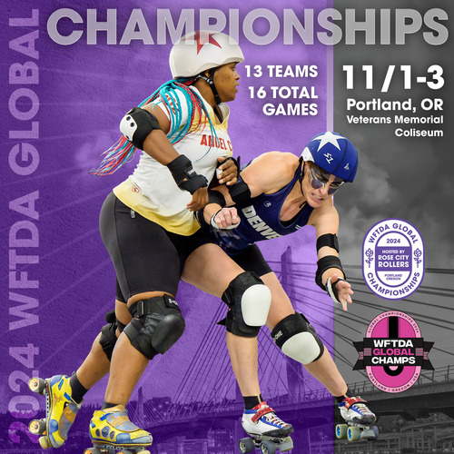 This is an info-graphic for the Nov. 1-3 WFTDA Global Championships and feature two women competitors in a roller derby match.