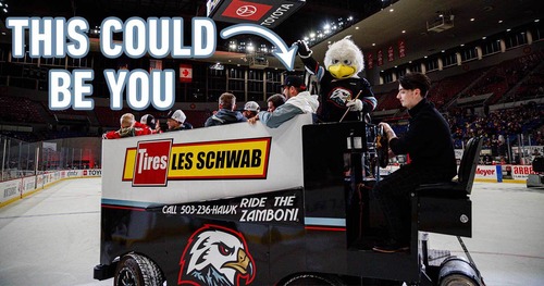 This graphic shows Winterhawls fans riding in the "Fanboni" ice smoothing machine on the Winterhawks' ice rink. The text reads "This could be you."
