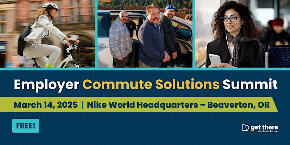 Graphic featuring photos of people commuting via bicycle, carpool and transit, and reading "Employer Commute Solutions Summit"