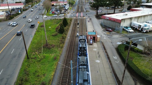 Aerial image of a train on the MAX Blue Line in Gresham