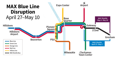 Graphic labeled "MAX Blue Line Disruption April 27-May 10," showing the closure area on the MAX Blue Line where shuttle buses will run.