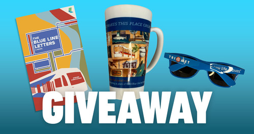  "The Blue Line Letters" book, TriMet sunglasses and a Blue Line-themed coffee mug