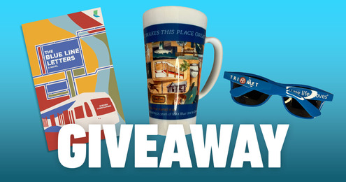  "The Blue Line Letters" book, TriMet sunglasses and a Blue Line-themed coffee mug